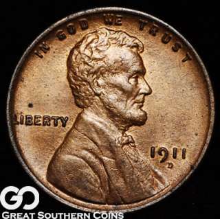 1911 D Lincoln Cent Penny NEAR GEM BU ** RED BROWN ** SCARCE COIN 