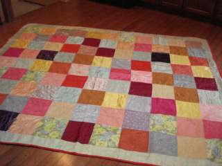 Vintage satin silk pastel large quilt, asian block rare  