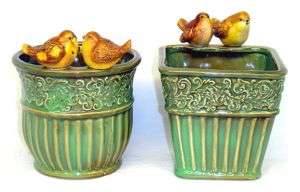 Green Glazed Ceramic Pot Planter Brown Bird NEW Lot  