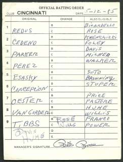 Pete Rose 1985 GAME USED Cincinnati Reds BASEBALL Lineup Card 