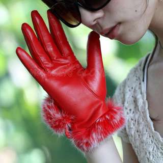 Womens GENUINE LAMBSKIN leather Rabbit fur Warm gloves  