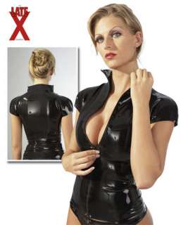 Long black latex shirt with short sleeves and zipper in the front to 