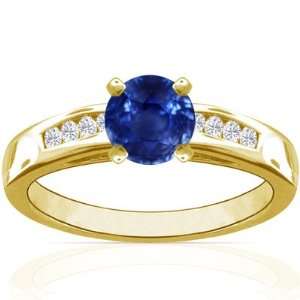   18K Yellow Gold Round Cut Blue Sapphire Ring With Sidestones Jewelry