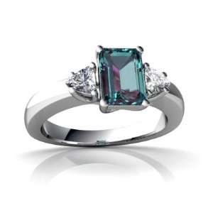   14K White Gold Emerald cut Created Alexandrite Ring Size 4 Jewelry