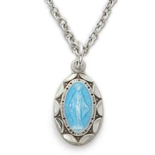 925 Silver Virgin Mary Blue Miraculous Medal w Necklace  