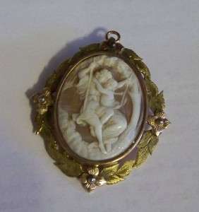 Antique 1931 10K Solid Gold Italian Cameo MOTHER AND CHILD in a Swing 