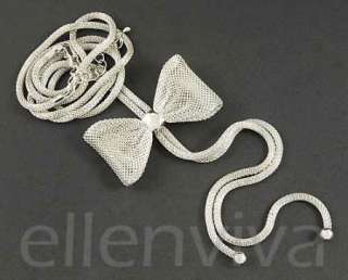  Long Metal Mesh Bow Necklace Fashion Jewelry  Silver Tone ne559sv