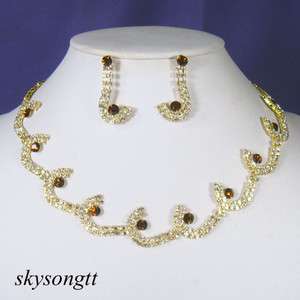 Swarovski Topaz Crystal Bridal Gold Necklace Set T007B  