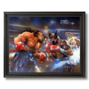  Solid Wood Black Framed Dogs Boxing Match Kids Room Animal 
