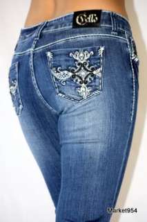   Jeans Crystal Pockets w Rhinestones Medium Blue CELLO Brand  