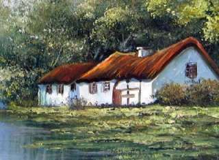 Genuine Landscape Art Oil Painting Country Cottage Lake  