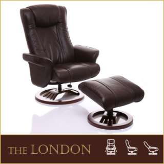     Premium Leather Recliner Swivel Chair & Footstool Chocolate Brown