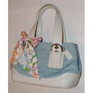  Light Blue Coach Purse with White Leather and Colorful 