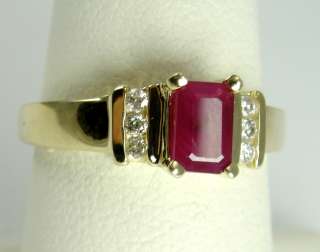 14K Yellow Gold Ring Ruby Natural Emerald Cut Diamond Round Accent 