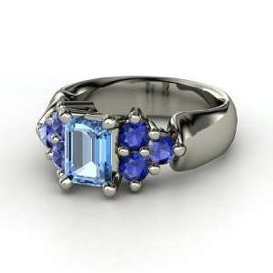   Ring, Emerald Cut Blue Topaz Platinum Ring with Sapphire Jewelry