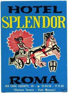Hotel Splendor ~ROME ITALY~ Great Old Luggage Label  