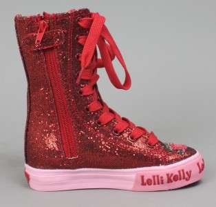 Lelli Kelly Glitter Red Hi Top boots shoe Lace Up Candy  