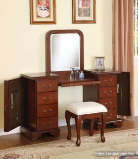 Cherry Table Mirror and Bench Set Makeup Jewelry Vanity  