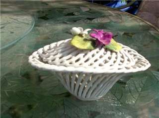 Antique Porcelain Basket w/Flowers on Lid Italy  