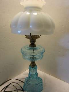 Vintage blue Moon & Stars Table Lamp ELECTRIC Milk glass ruffled shade 