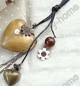   Bronze Wood Heart Sun Flower Multi Pendant Leather Chain Necklace