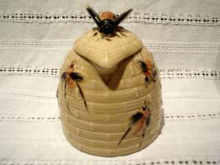 1920s Vintage 4.25 Tall Honey Jar Bees Yellow Ceramic Basket with Lid 