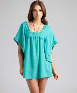 OndadeMar teal cotton gauze beaded square neck coverup   up to 