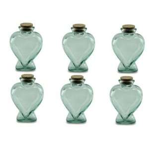 Set of 6 Recycled Clear Green Glass Heart Shaped Bottles   7.5 Oz 