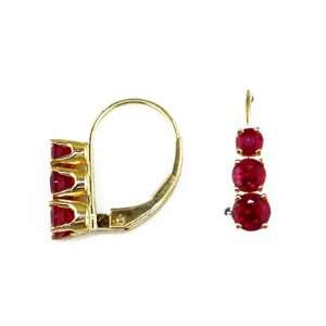  14K Gold Three Stone Ruby Lever Back Earrings Grande 
