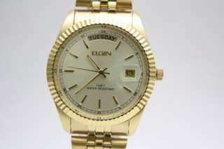 New Elgin Men Gold Tone Dress Watch Day Date 37mm FC400B  