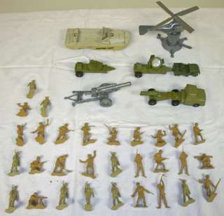 30 Old Army toy men helicopter Fighting Lady ship jeep vintage Marx 