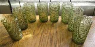 VINTAGE AVACADO GREEN SORENO ANCHOR HOCKING 8 DRINKING WATER GLASSES 