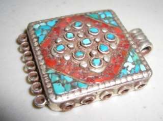 Tibetan Style Square Pendant w/Silver Coral Turquoise  