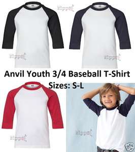 Anvil Youth 3/4 Sleeve Baseball Jersey T Shirt 2184B S L NEW  